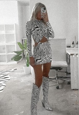Backless Zebra Print Long Sleeve Party Dress With High Neck