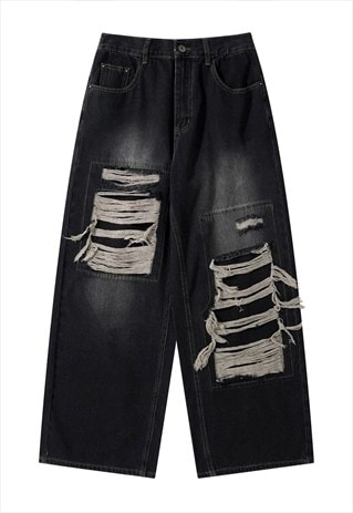 Wide ripped jeans distressed patchwork denim pants black