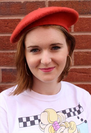 VINTAGE 90S BRIGHT ORANGE WOOL BERET HAT