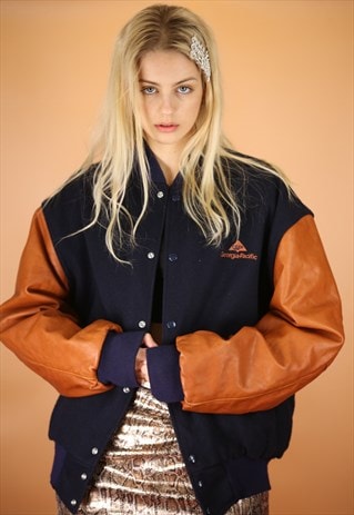 VINTAGE 90S Y2K BLUE VARSITY BOMBER JACKET LEATHER SLEEVES