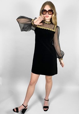 60's Quad Designer Vintage Black Velvet Gold Mini Dress S