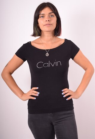 CALVIN KLEIN WOMENS VINTAGE T-SHIRT TOP SMALL BLACK 90S