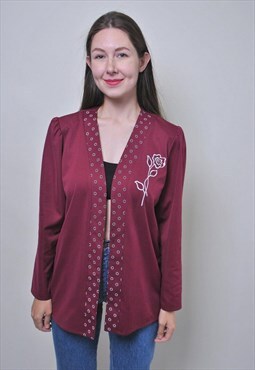 Vintage red formal blouse, rose print 80s overshirt