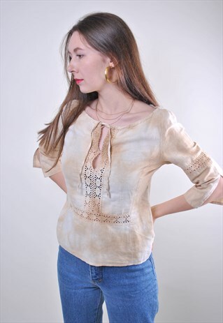 VINTAGE ITALIAN TIE NATIVE HIPPIE BEIGE WOMEN BLOUSE