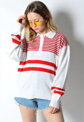 VINTAGE 80S WHITE RED KNIT 1/3 BUTTON STRIPED JUMPER