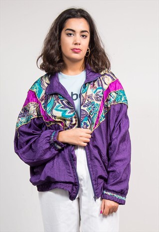 VINTAGE 90'S PURPLE CRAZY PATTERN SHELLSUIT TRACKSUIT JACKET