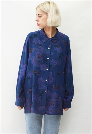 VINTAGE 90' AMAZING BEAUTIFUL SILK FLOWER BLUE SHIRT
