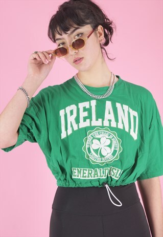 VINTAGE REWORKED CROP TOP IN GREEN WITH IRELAND PRINT