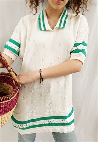 VINTAGE 80S NAUTICAL MARINE SHIP PATTERN KNIT BLOUSE TOP