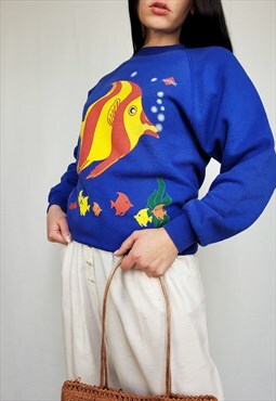 Vintage 90s blue fish print oversized sweatshirt