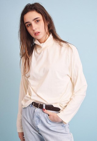 VINTAGE Y2K RETRO WHITE MINIMALIST TURTLENECK TEEN TOP