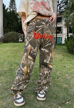 Forest print jeans raver camo denim pants in green