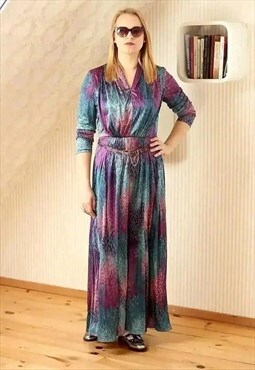 Blue and purple maxi belted vintage dress
