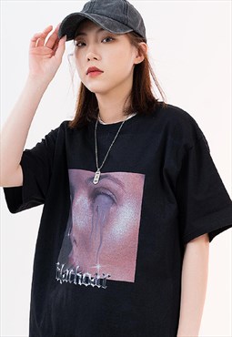 Women print t-shirt Y2K tee teardrop top in black