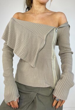 Vintage Y2k Jumper Side Zip Off Shoulder Ribbed 90s Sweater