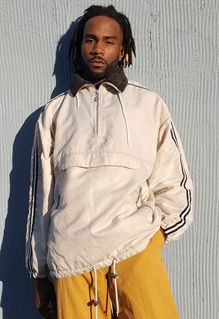 90S RAVER SKATER SIDE STRIPE FAUX FUR COLLAR HALF ZIP XL