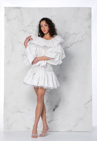 WHITE TULLE AND TAFFETA RUFFLE MINI DRESS