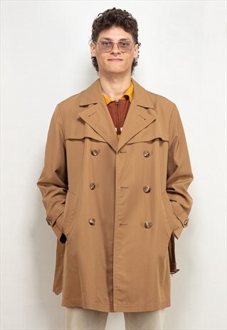 VINTAGE 80'S MEN DOUBLE-BREASTED TRENCH COAT IN CAMEL