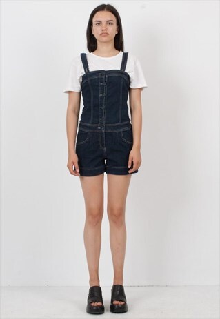 VINTAGE NAVY DENIM PLAYSUIT DUNGAREES MINI SHORTS