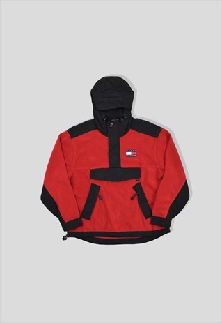 VINTAGE 90S TOMMY HILFIGER 1/4 ZIP HOODED FLEECE IN RED