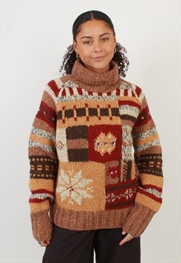 Vintage maroon multi abstract chunky knit turtleneck jumper