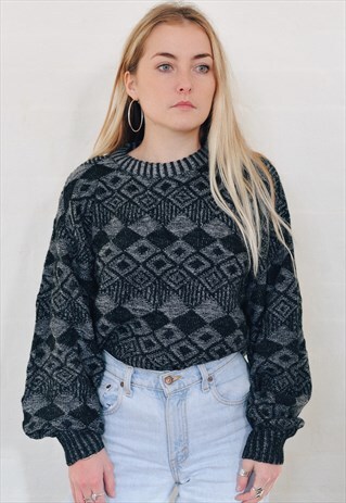 VINTAGE 90'S ABSTRACT PATTERN NORDIC KNIT GREY JUMPER