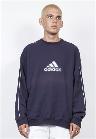 VINTAGE 90'S ADIDAS LOGO PIPED NAVY SWEATER