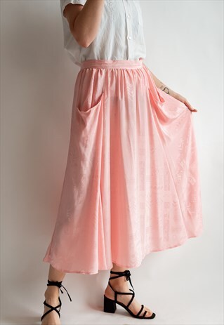 VINTAGE 70S FLARE MAXI SATIN SKIRT IN PEACH WITH POCKETS