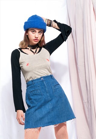REWORKED VINTAGE SPAGETTI TOP W FEMINIST EMBROIDERY NIPPLE