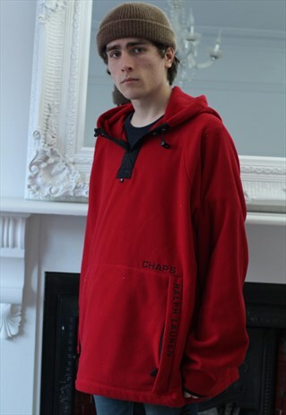 VINTAGE 90S CHAPS RALPH LAUREN QUARTER ZIP FLEECE HOODIE RED