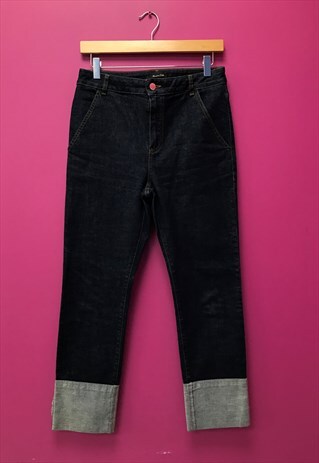 Turn Up Denim Jeans Dark Wash Blue Cotton Straight Leg