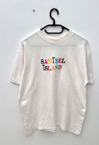 VINTAGE SANIBEL ISLAND WHITE EMBROIDERED T-SHIRT MEDIUM 