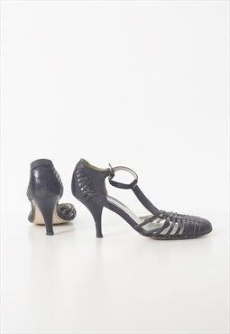 Vintage Black Leather Heel Sandals Shoes