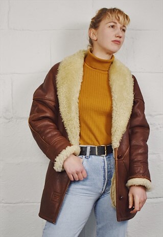 VINTAGE SHEARLING LEATHER WINTER COAT 70S BROWN