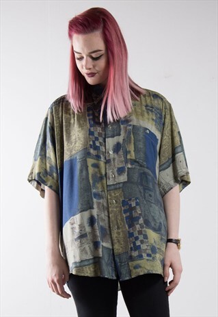 90'S GREEN PATTERNED OVERSIZE BOYFRIEND SHIRT