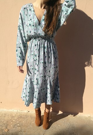 90S HIGH WAISTED FLORAL TEA SMOCK DRESS IN MINT