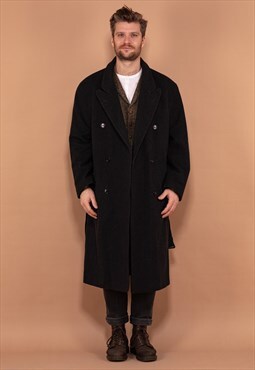 Vintage 90's Men Belted Wool Coat in Dark Grey
