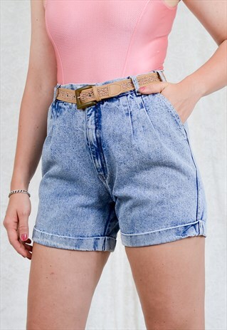 STONEWASHED SHORTS W32 VINTAGE PLEATED 90S HIGH WAIST DENIM