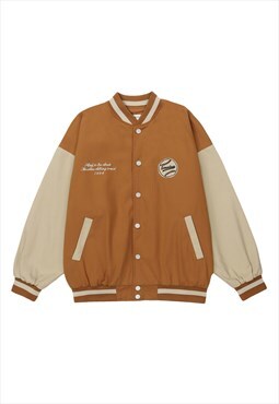 Khaki Embroidered Oversized Baseball Varsity jacket Y2k