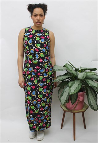 VINTAGE 1990S BLACK ABSTRACT PRINT MAXI DRESS