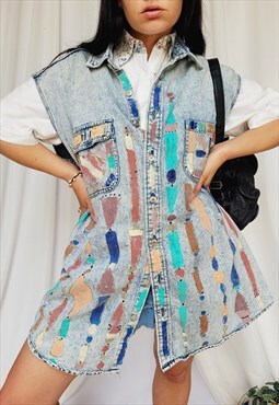 90s blue denim abstract painted oversized menswear vest gile