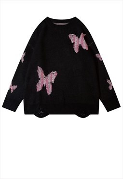 Ripped sweater knitted butterfly jumper distressed top black