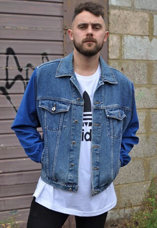 90'S VINTAGE REWORK TRACKSUIT SLEEVE DENIM JACKET