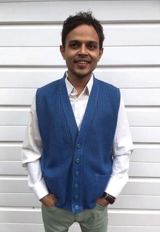 MENS VINTAGE BLUE SLEEVELESS KNIT CARDIGAN GILET TOP
