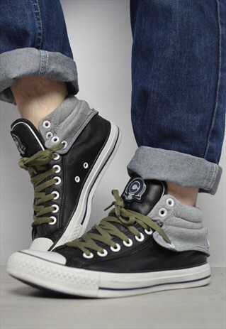 90S CONVERSE BLACK LEATHER & GREY JERSEY FABRIC HI-TOPS