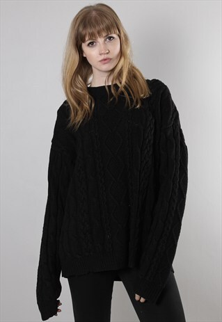 VINTAGE 90S BLACK CABLE KNIT OVERSIZE JUMPER