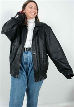 Vintage Soft Leather Jacket Bomber Black Unisex Size L