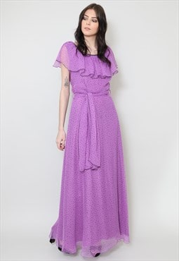 Vintage 70's Ladies Dress Vera Mont Sheer Purple Ruffle Maxi