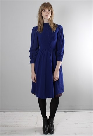 VINTAGE 60S BLUE HIGH NECK PUFF SLEEVE FITTED WOOL DRESS