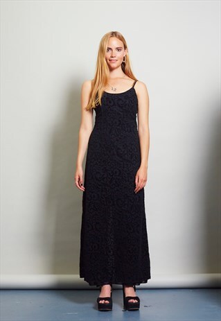 VINTAGE 90'S VELVET DETAILED BLACK MAXI DRESS